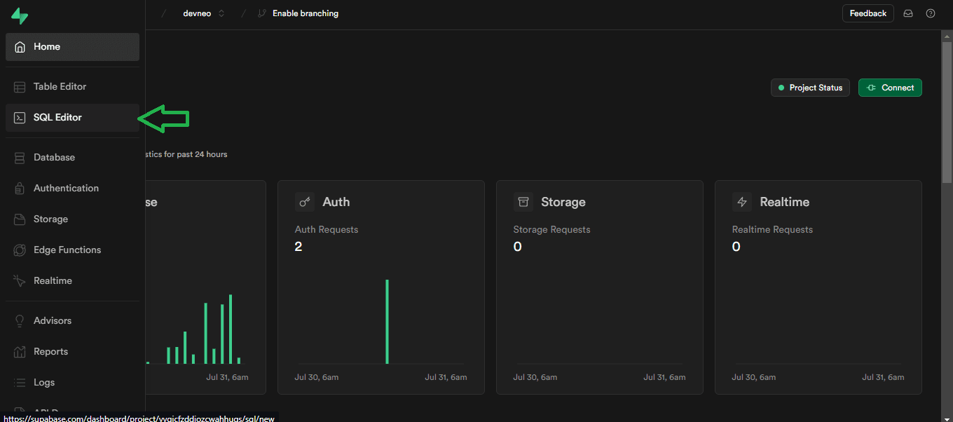 Dashboard Supabase, url de la imagen: /images/dashboard-supabase-inicio.png